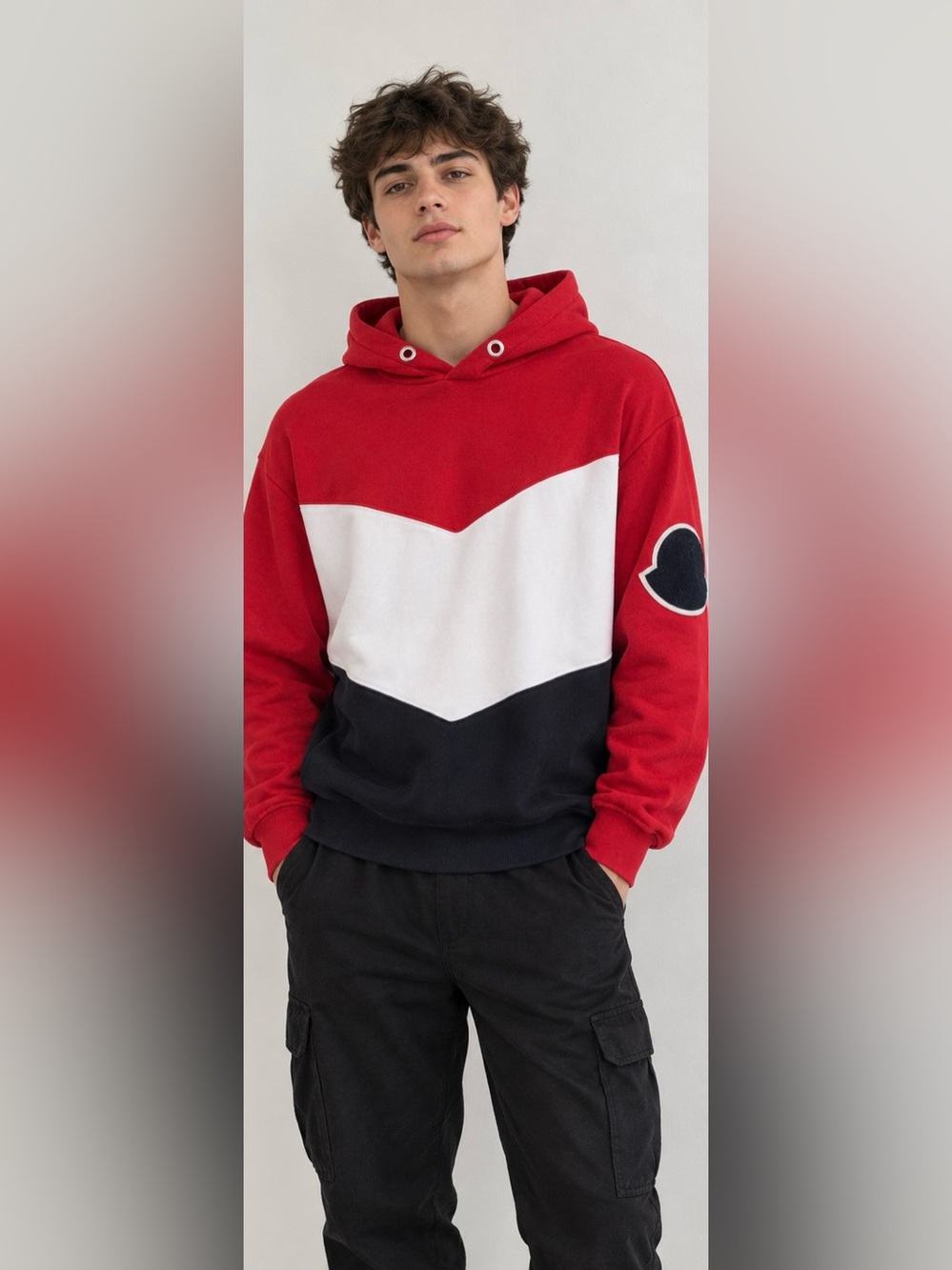 Men Moncler Red, White & Black Colorblock Crewneck Hoodie